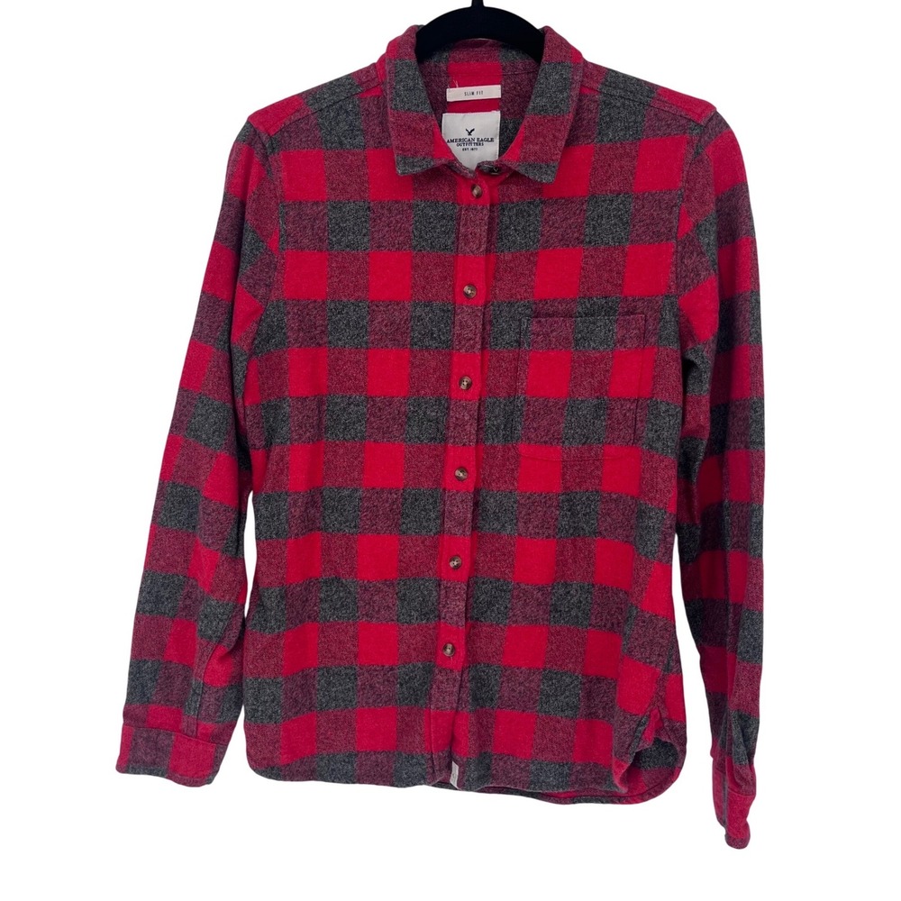 American Eagle Flannel Shirt Womens Medium Red Grey Buffalo Plaid Slim Fit Soft